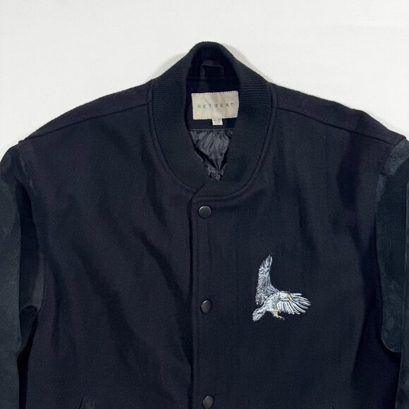 Vtg Varsity Bomber Jacket Eagle Embroidered Black Suede Wool 42 44 L Y2K Retro - Picture 9 of 14